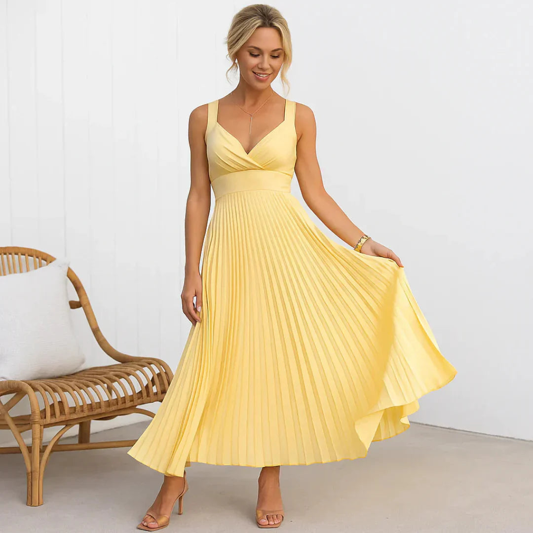 Rosmarin™ | Gelbes Plissee V-Ausschnitt Maxikleid