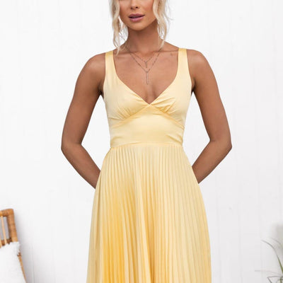 Rosmarin™ | Gelbes Plissee V-Ausschnitt Maxikleid