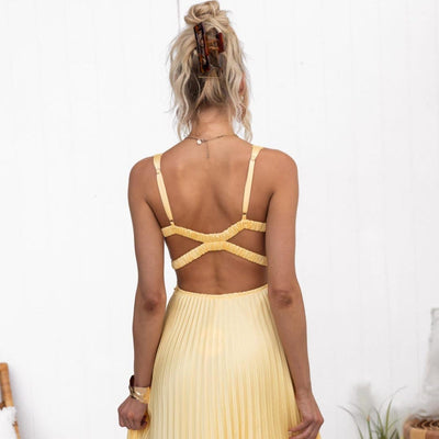 Rosmarin™ | Gelbes Plissee V-Ausschnitt Maxikleid