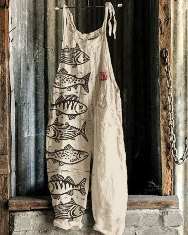 CAMILA – Weite Leinenlatzhose mit Japan-Print